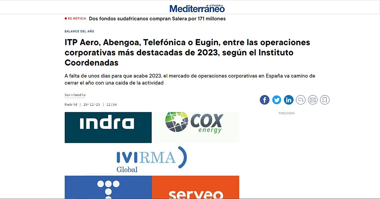ITP Aero, Abengoa, Telefnica o Eugin, entre las operaciones corporativas ms destacadas de 2023, segn el Instituto Coordenadas